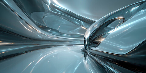 Poster - Futuristic abstract tunnel with reflective metallic surfaces and flowing curves in cool blue tones, creating a sense of depth and modern sci-fi atmosphere