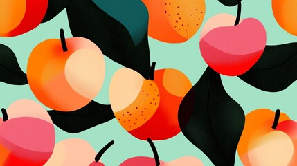 Poster - Colorful fruit illustration showcasing abstract apples and leaves in a vibrant design against a light turquoise background