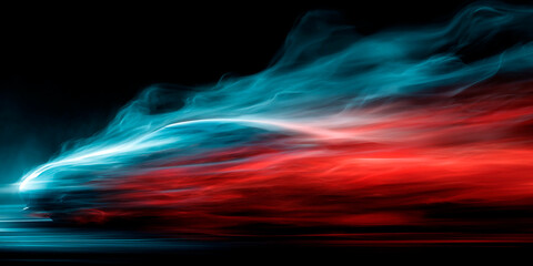 Poster - Futuristic car silhouette in motion with dynamic red and blue light trails against dark background