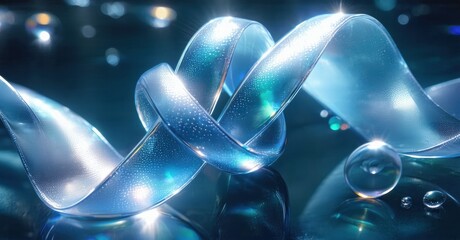 Poster - Abstract blue ribbons twist, reflecting light. Bubbles add depth, creating luminous, elegant composition. Dark background enhances brilliance.