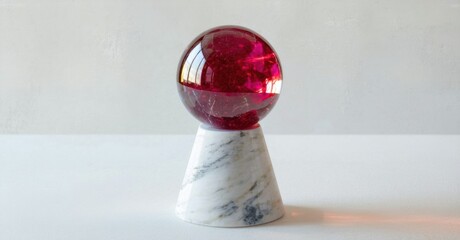 Poster - Red sphere rests atop white marble cone. Glitter suspended within liquid fills globe. Minimalist design, simple studio lighting.