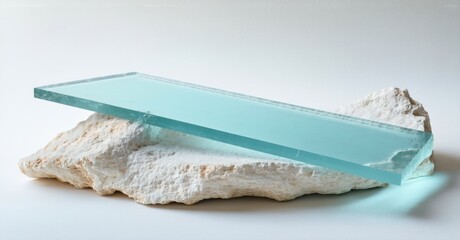Poster - Glass plate rests upon porous rock formation. Minimalist composition, soft lighting, neutral background. Delicate balance, texture contrast evident.