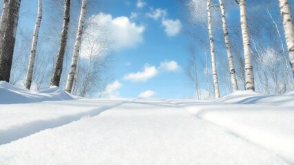 Aufkleber - Winter Wonderland Path: A serene, snowy path winds through a winter wonderland, framed by elegant trees against a brilliant blue sky dotted with fluffy clouds, evoking peace and tranquility.