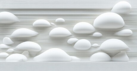 Poster - Minimalist wall design features rounded white shapes. Linear texture creates depth, modern aesthetic. Clean, simple composition.