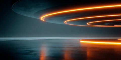 Poster - futuristic abstract structure with glowing orange rings suspended in a dark minimal space with refle