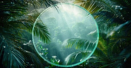 Aufkleber - Lush tropical foliage surrounds glowing orb. Sunlight filters through dense leaves, creating ethereal scene. Vibrant greens dominate composition.