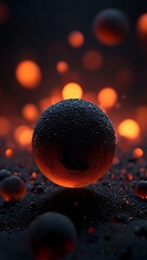 abstract spheres of fire in a dark, otherworldly landscape.