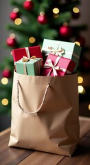 Poster - brown paper bag filled presents sitting top wooden table front christmas tree blurred background