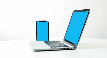 Aufkleber - laptop computer blue screen next smartphone white surface background also white creating clean modern look