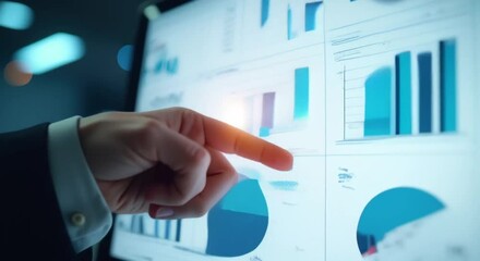 Poster - person pointing computer screen graphs hand focus background blurred