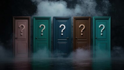 Poster - Mysterious Doors with Question Marks Surrounded by Fog in a Dark Atmosphere 4k video footage