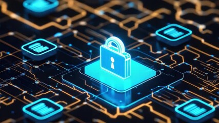 Poster - Modern Cybersecurity Concept with Digital Lock Icon Surrounded by Circuit Board Elements and Data Symbols 4k video footage