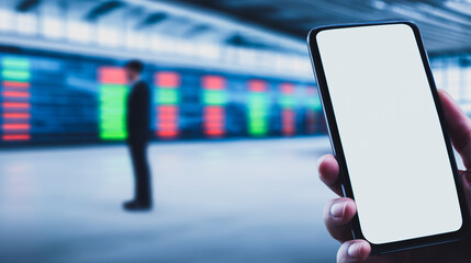 Poster - Stock Market Analysis on Mobile: A person, using a smartphone, examines the stock market with a background of financial data.