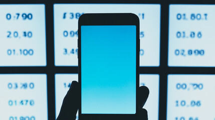 Poster - Smart Phone and Data: A focused shot of a hand holding a smart phone, its bright screen contrasting with the digital display, reflecting modern connectivity.