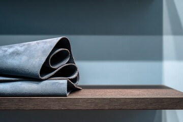 Poster - Soft blue fabric rolls resting on a wooden shelf in a well-lit interior showcasing modern textile design