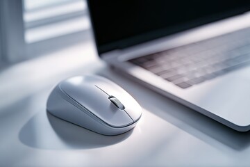 Poster - White wireless mouse sits beside a laptop on a clean desk in a well-lit workspace during the day