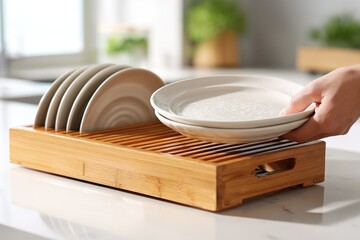 Poster - Modern plate organizer on kitchen countertop with hand selecting dish in well-lit interior