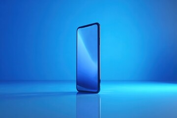 Poster - Modern smartphone stands in a vibrant blue environment showcasing sleek design and innovative features for tech enthusiasts