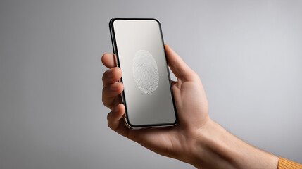 Poster - Close-up of a Hand Holding a Smartphone with a Visible Fingerprint Scanner Displaying Fingerprint for Biometric Authentication Technology