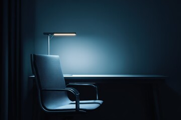 Poster - Quiet workspace with a modern chair and lamp in a dimly lit room perfect for focused work or study sessions