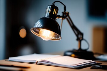 Poster - Desk lamp illuminates open notebook during late evening study session in cozy workspace