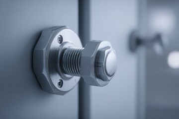 Poster - Close-up of a metallic bolt and nut showcasing details of industrial hardware in a workshop setting