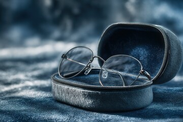 Poster - Glasses resting in a soft, blue case on a textured surface with a gentle light effect in the background