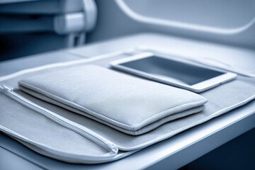 Poster - Clean workspace with tablet and tablet sleeve on a table in a modern environment