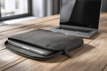 Poster - Stylish laptop sleeve placed next to a modern laptop on a wooden table in a bright workspace environment