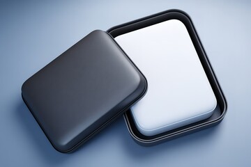 Poster - Elegant open case showcasing a sleek white device against a muted blue background with a dark container