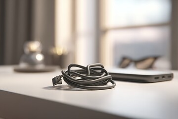 Poster - Black charging cable coiled on a table next to a phone and a coffee cup in a bright room during the daytime