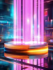 Poster - Bright neon stage illuminated with vibrant colors in a futuristic setting for an event or performance