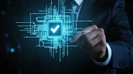 Poster - Businessman in Suit Using Digital Touchscreen to Confirm Cybersecurity Check with Futuristic Interface 4k video footage