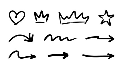 A set of hand-drawn doodle elements in black ink on a white background. The top row contains four decorative symbols: a simple heart shape, two different crown designs, and a star.