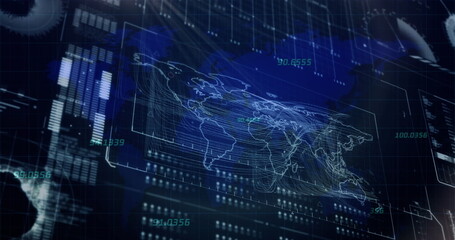 Poster - Holographic world map overlay hovering on grid in control room with streaming numeric data readouts
