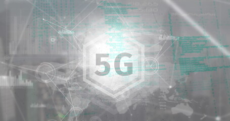 Poster - Displaying central 5G emblem streaming green code across world map interface, with network nodes