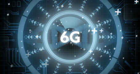 Poster - Showing central 6G glowing rings on blue grid, with triangular arrows, pluses, traces and nodes