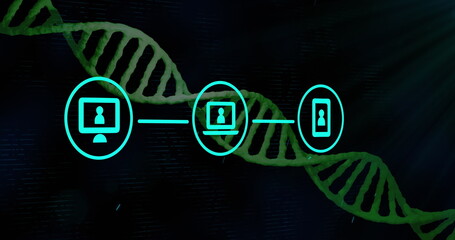 Poster - Showcasing desktop laptop smartphone icons connecting in abstract backdrop, with glowing DNA helix