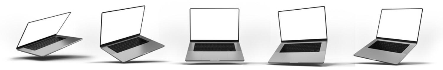 Poster - A set of laptops with blank screens shown from various abstract angles against a transparent background, showcasing a modern technology design. 3D render