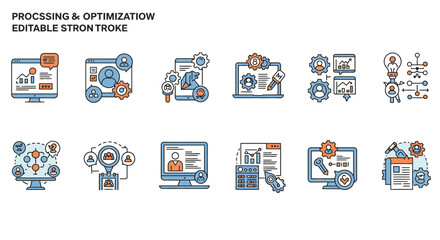Fototapete - Collection of vector icons depicting data processing and optimization concepts