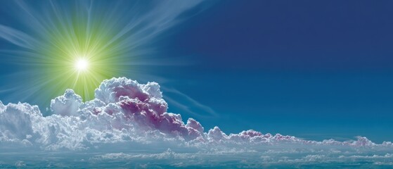 Radiant sun peeking through puffy clouds