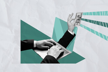 Aufkleber - Poster trend collage of netbook screen with hand holding cash on grey background
