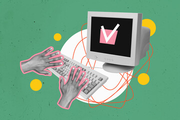 Aufkleber - Creative design composite trend artwork collage of profession online programmer job freelancer work hand type obsolete computer monitor