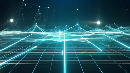 Fototapete - Futuristic Geometric Lines and Waves in Neon Blue and Green Glow on Dark Background 4k video footage
