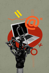 Aufkleber - 3d pop image vertical art collage of hand wear glove show victory gesture laptop chain addicted trap it specialist occupation