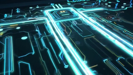 Fototapete - Futuristic Abstract Circuit Board Design with Glowing Lines and Nodes for Technology and Innovation Concepts 4k video footage