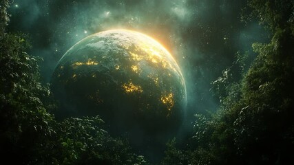 Poster - Celestial Realm: A captivating image showcases a planet of vibrant colors, rising above lush, otherworldly foliage, creating a sense of wonder and boundless imagination.