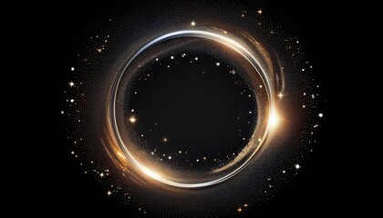 sparkling silver glitter light circle frame on a black background abstract cosmic swirl