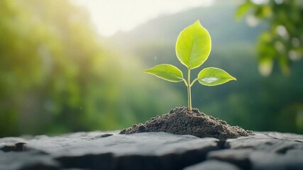 Poster - New Beginning in Nature: A vibrant, tender sprout emerges from the soil, symbolizing growth, renewal, and the enduring power of nature. Captured in the warm light.