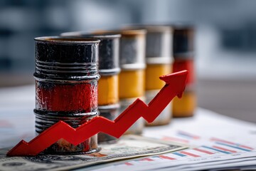 Aufkleber - Rising oil prices concept with red arrow and barrels of oil, illustrating market volatility and economic fluctuations, impacting global finance and investments.